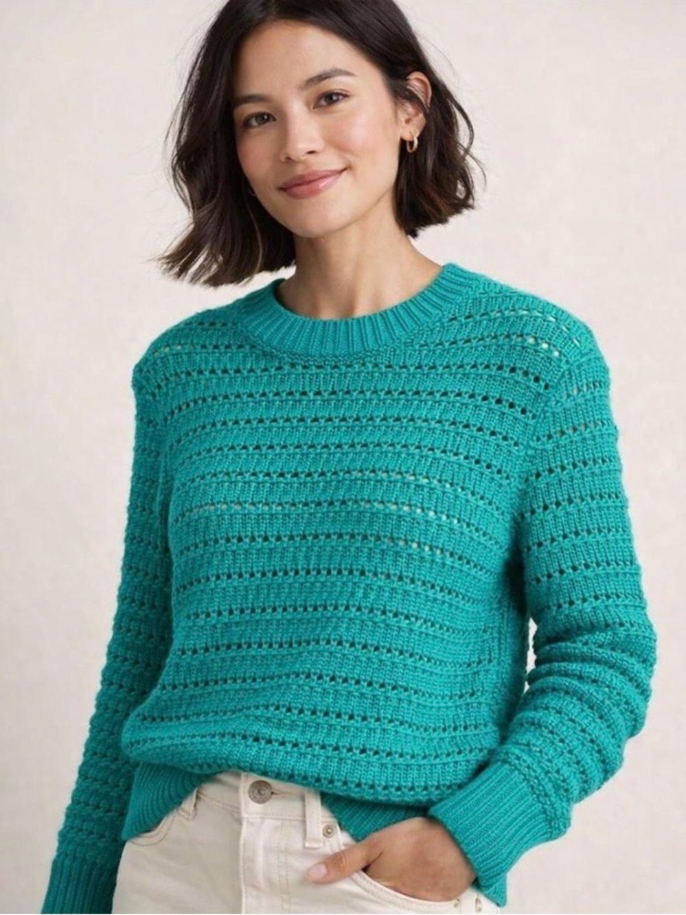 NEW J.Crew Open Knit Pointelle Sweater Women  L Balloon Sleeves Teal Blue Preppy